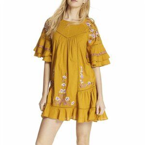 Free People Pavlo Embroidered Floral Ruffled Babydoll Tunic Goldenrod Sz S - NWT